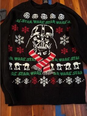 Star Wars Men's Black Holiday Sweater with Darth Vader and Red-White Scarf